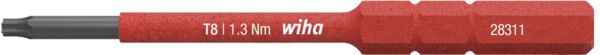 The image shows a red screwdriver with a black tip. On the handle are the brand name 