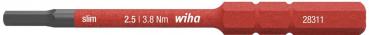The image displays a narrow screwdriver attachment in red. It has a gray head and an engraved label with technical details and the brand name "wiha".