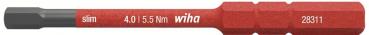 The image shows a narrow screwdriver attachment in red and black. It has a smooth surface, with embossed values: "4.0" and "5.5 Nm", as well as the inscription "wiha".
