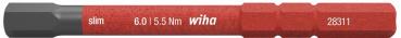 The image shows a slim screwdriver with a red handle and a gray tip. Technical data and the brand logo "wiha" are printed on the handle.