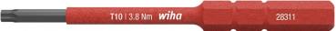 The image shows a red screwdriver with a black tip. On the handle are the brand name "wiha" and technical specifications like "T10 3.8 Nm" and "28311". The handle has a textured surface.