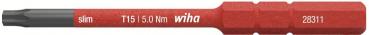 The image shows a slim screwdriver with a red handle and a metallic tip. On the handle, it reads "wiha" along with technical specifications for the screw.