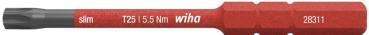 The image displays a narrow red screwdriver bit with a black tip. The bit features the markings "wiha", "T25", "5.5 Nm", and a part number.