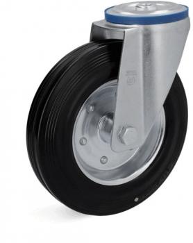 The image shows a single caster wheel. It has a black rubber tire and a silver metal bracket. At the top, there is a blue cap that protects the swivel mechanism.