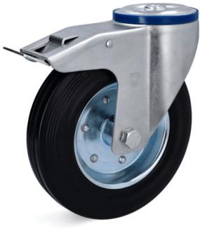 The image shows a metal wheel with a black rubber coating. It has a central axle, a bracket, and a screw on top that serves for attachment. The wheel is intended for mobility.