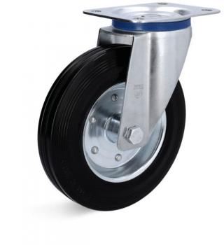 The image shows a sturdy wheel with a black rubber tire and a silver mount. It has a metallic, shiny surface and allows for easy movement on various surfaces.