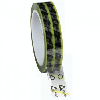 The image shows a roll of crepe-like adhesive tape, transparent with yellow and black stripes. On the edge, symbols and the inscription "Antistatic Tape" can be seen.