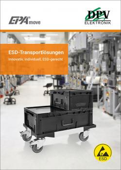 The image displays an industrial background with various tools. In the foreground, there is a black transport cart with two stacked crates. The title addresses ESD transport solutions.