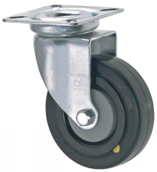 The image shows a single wheel with a metal bracket. The tire is made of black rubber and has a gray, round center. The bracket is silver and flat.