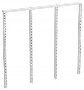 The image depicts a simple, white shelving system with three vertical supports and a top connector. It is designed for mounting on walls or for supporting shelves.