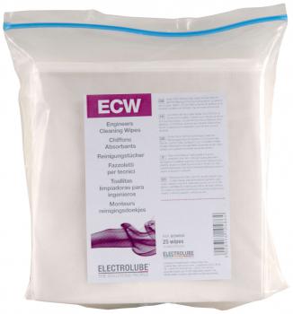 Das Bild zeigt eine durchsichtige Verpackung mit einem Reißverschluss. Darin befinden sich Reinigungstücher. Auf der Vorderseite steht ?ECW Engineers Cleaning Wipes? und enthält mehrsprachige Hinweise.
