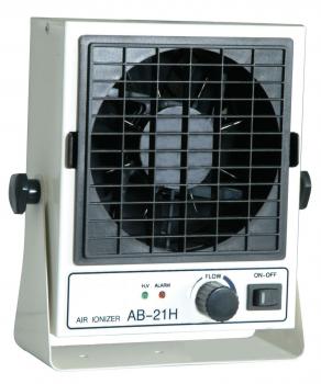 The image shows a compact air ionizer with a square fan in the center. On the front, there are switches and a rotary knob for adjustments.