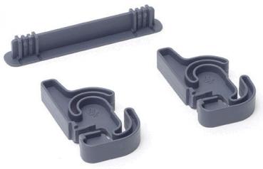 In the picture, there are two gray plastic brackets and an elongated holder visible. The holders have a curved shape with an opening to secure objects.