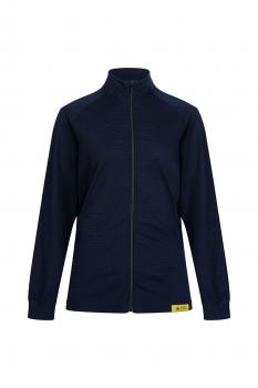 The image shows a dark blue jacket with a stand-up collar and a full-length zipper. The jacket has long sleeves and a subtle yellow brand applique at the hem.