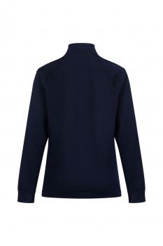 The image displays a dark blue sweater with a high collar and long sleeves. The back view is visible, and the fabric has a textured surface.
