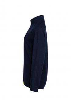 The image shows a dark, long-sleeved top in a side view. The collar is high-necked and the sleeves are long. It has a simple, straight shape.