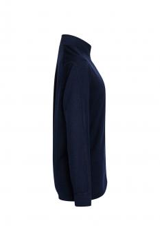 The image displays a dark blue sweater with a high collar. It features long sleeves and a straight fit, presented on the left side. The textile material is soft and comfortable.