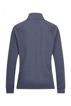Das Bild zeigt einen dunkelblauen Pullover mit langem Arm und Stehkragen. Er hat feine, horizontale Streifen und eine schlichte, sportliche Form. Der Rücken ist sichtbar.