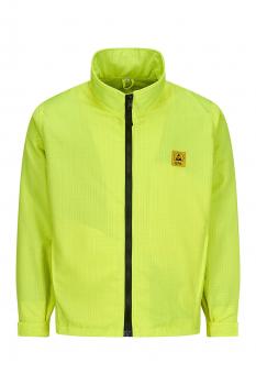 The image shows a brightly yellow jacket with a simple design. It has a high collar and a zipper in the middle. There is a small logo on the left chest.