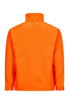 Das Bild zeigt eine hellorangefarbene Jacke von hinten. Sie hat einen hohen Kragen und elastische Bündchen an den Ärmeln. Der Stoff ist glatt und glänzend.
