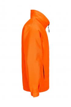 Das Bild zeigt eine leuchtend orangefarbene Jacke im Profil. Sie hat einen Stehkragen und einen Reißverschluss, mit einer schlanken Passform und seitlichen Taschen.