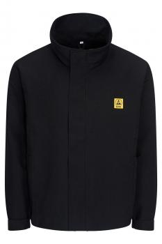 The image shows a black jacket with a high collar. There is a yellow logo visible on the left chest. The jacket has a simple, modern cut and long sleeves.