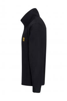 The image shows a black sweater with a high collar. It has long sleeves and a simple shape. There is a yellow logo on the left chest side.