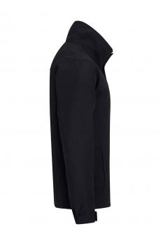 The image shows a black jacket in profile. It has a high collar and a simple, straight shape. There are no conspicuous patterns or embellishments.