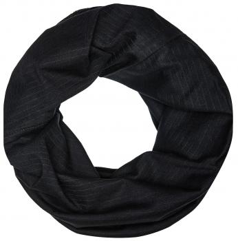 The image shows a dark blue tube scarf made of soft, wrinkled fabric. It has a round shape and looks cozy, perfect for cold days.