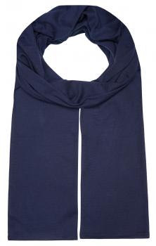 The image shows a long, plain scarf in deep blue. The scarf is folded and has two long, even sections at the ends that hang loosely. The fabric appears soft and flexible.