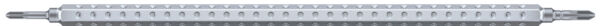 The image shows a long, narrow metal cylinder with a ridged surface. It features a thin, protruding part at each end. The surface appears cool and smooth.