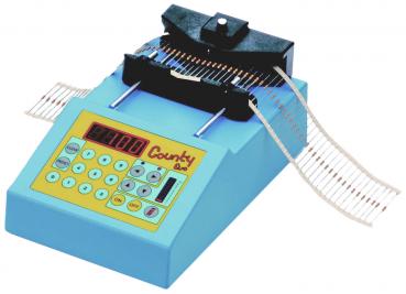 The image shows a counting and verifying device for banknotes. It has a blue base, a digital display, and buttons. There is a black insertion device for bills at the top.