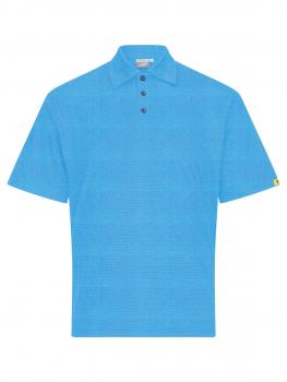 Das Bild zeigt ein hellblaues Poloshirt mit kurzen Ärmeln. Es hat einen klassischen Kragen, drei Knöpfe und eine strukturierte Oberfläche. Ein kleines, gelbes Detail ist am Ärmel.