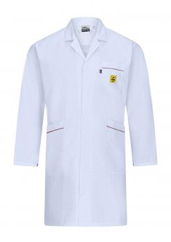 The image displays a white lab coat with long sleeves. It features a classic collar, two side pockets, and a chest pocket with a yellow logo. Red stitching accents the coat.