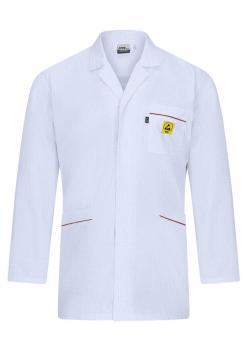 The image shows a white coat with long sleeves. It has a collar, two side pockets, and a chest pocket with a yellow logo. The coat is designed simply and professionally.