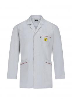 The image shows a white lab or doctor's coat with long sleeves. It has a simple cut, two side pockets, and a yellow logo with a symbol. The coat looks professional and functional.