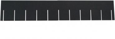 The image shows a black, rectangular piece of material with several evenly distributed white notches or slots along the top edge.