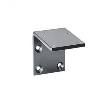 The image shows a silver metal bracket in an L-shape. The horizontal surface is on top and has four drill holes for mounting. It appears sturdy and functional.