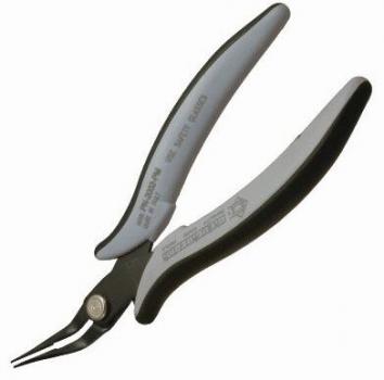 The image shows a pair of pliers with long, pointed jaws. The handle is ergonomically designed, black and gray. The pliers are well suited for precise tasks.