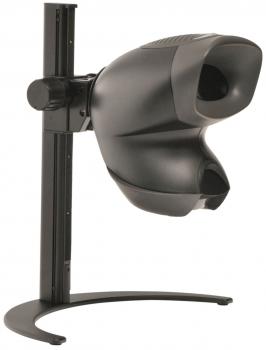 Das Bild zeigt ein schwarzes, technisches Gerät mit zwei runden Öffnungen an der Vorderseite, montiert auf einem stabilen Standfuß. Es hat eine glatte, ergonomische Form.
