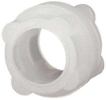The image shows a transparent, tubular plastic part with pronounced, round protrusions on the outside. It has a hollow interior. The surface is smooth and slightly textured.