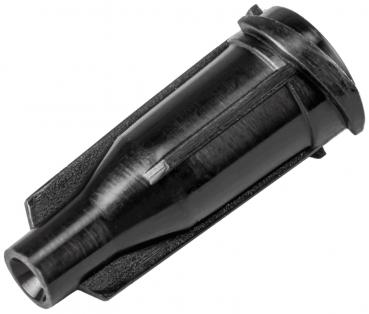 The image shows a black, conically shaped plug. It has a smooth surface and an opening at one end. The plug is surrounded by a flat base.