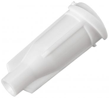 The image shows a white, cylindrical plastic adapter. It has a smooth surface and a slightly conical shape. It is wider on one side than on the other.