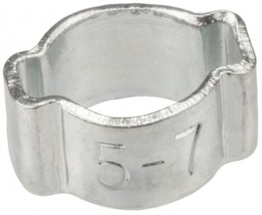 The image shows a silver, metallic U-shaped clamp with a marked number "5-7" on the outside. It has a smooth surface and is hollow inside.
