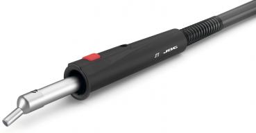 The image shows a soldering iron with a smooth, silver metal tip and a black handle. The handle has a red button and a spiral cable attached to it.