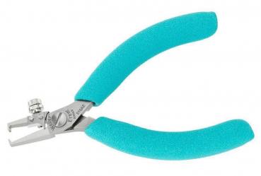 The image shows a pair of pliers with ergonomic, turquoise handles. The tips are sharp and metallic, with a screw mechanism in the middle. Ideal for precise tasks.