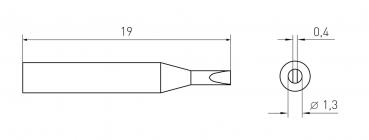 Das Bild zeigt eine technische Zeichnung eines Objekts mit einer Länge von 19 mm. Es hat eine spitze Form, mit einem Durchmesser von 1,3 mm und einer Öffnung von 0,4 mm.