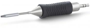 The image shows a screwdriver with a non-slip, rubberized handle and a narrow, metallic blade. The handle surface has a wavy pattern for better grip.