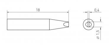 Das Bild zeigt eine technische Zeichnung eines Objekts. Es hat eine längliche, spitze Form mit einem Durchmesser von 18 mm an der dicksten Stelle und einem runden Ende mit einem Durchmesser von 1,5 mm.