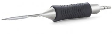 The image shows a tool that looks like a narrow pen. It has a rubberized grip with grooves for better hold and a pointed, metal working surface at the front.